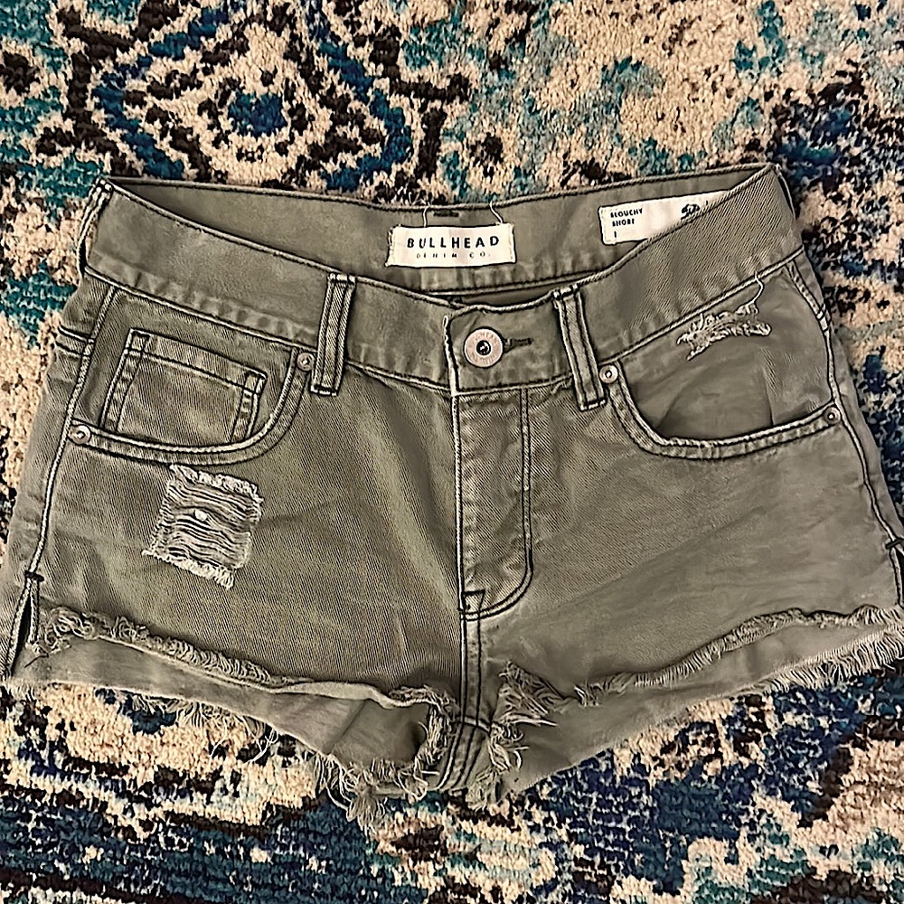 Bullhead Olive Frayed Hem Women's Denim Shorts